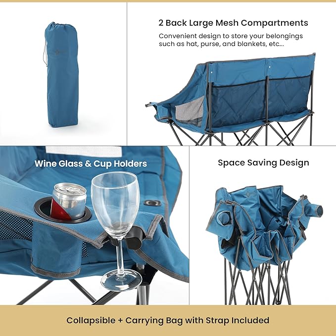 ARROWHEAD OUTDOOR 2-Pack Portable Folding Double Duo Camping Chair Loveseat w/ 2 Cup &amp Wine Glass Holder Carrying Bag Supports up to 500lbs