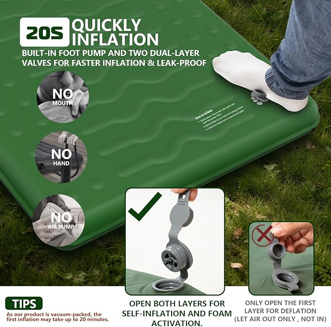 HiiPeak Memory Sleeping Pad Compact Thick Foam Sleeping Mats with Pillow 9.5 R-Value Insulated Camping Mattress Pad Easy Inflate &amp Deflate Inflatable Sleep Mat for Backpacking Hiking Car Tent