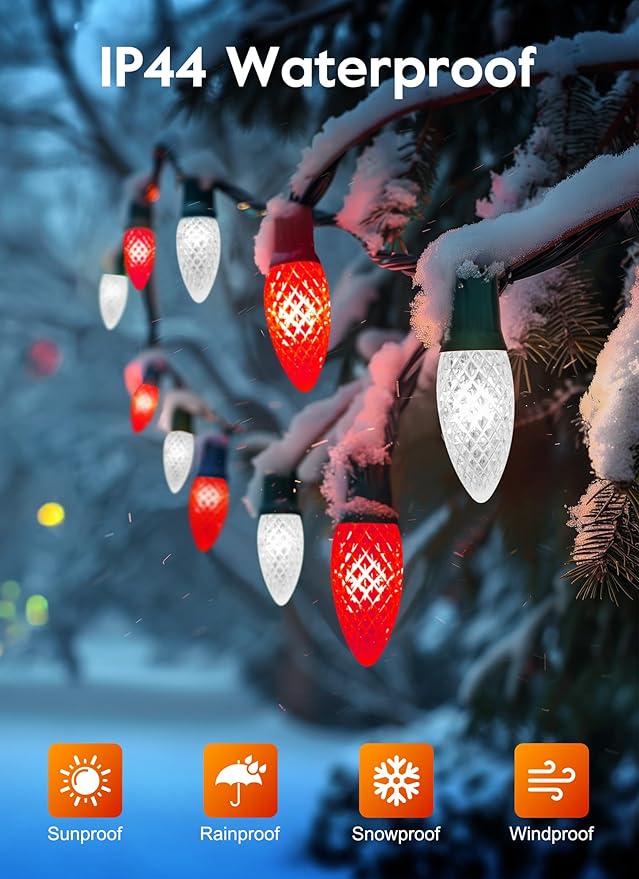 Outdoor Christmas Lights 100 Ft LED Commercial String Lights With Red and Pure White Strawberry C9 Bulbs Waterproof Connectable UL Certified for Indoor Home Yard Xmas Tree Decor