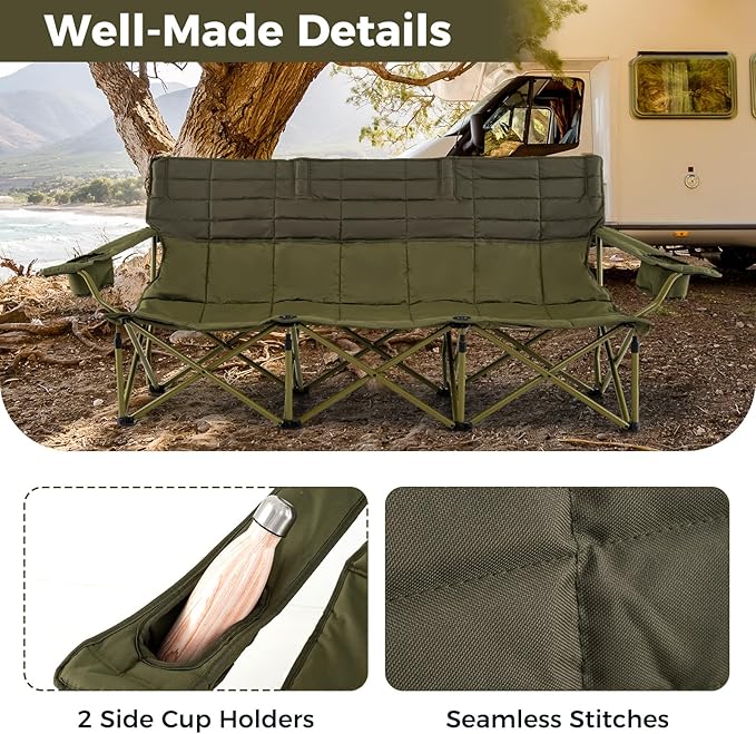 Tangkula 3 Person Oversized Camping Chair Fully Padded Folding Camp Chair with Adjustable Armrests Cup Holders Carrying Bag Portable Outdoor Lawn Chair for Camping Support 900LBS