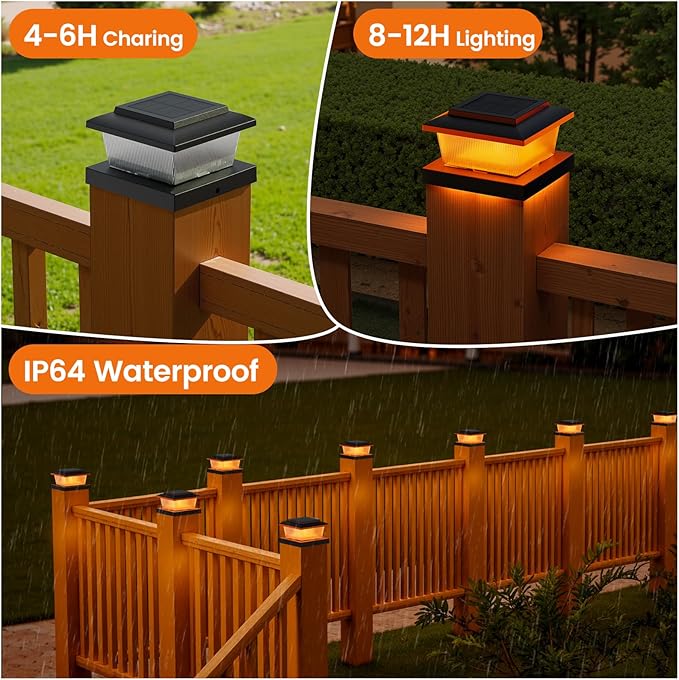 APONUO Solar Post Cap Lights with Flickering Flame &amp Warm White 8-Pack for 4x4 Wood/Vinyl Posts Solar Powered Deck &amp Fence Lights Auto On/Off IP65 Waterproof Matte Black