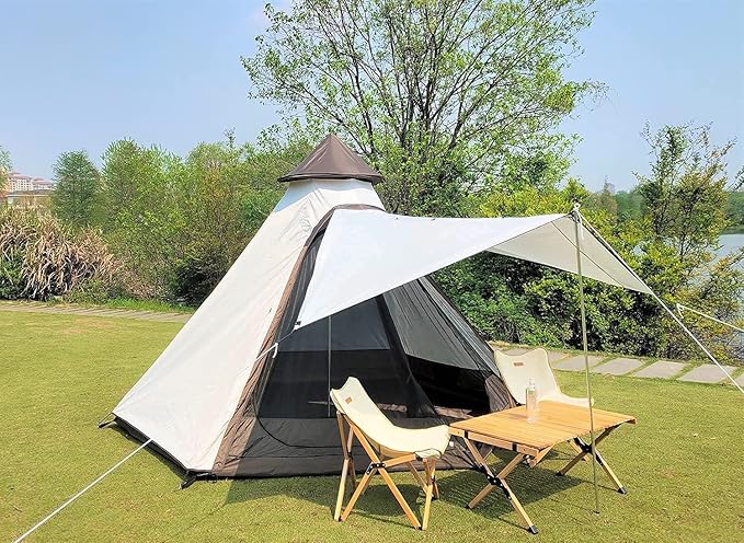 12'x 10' x8'Large Space Tower Bell Tipi Tent for Family 3-4 Person Camping Tents Double Layers Lightweight Waterproof Teepee Pyramid Tent