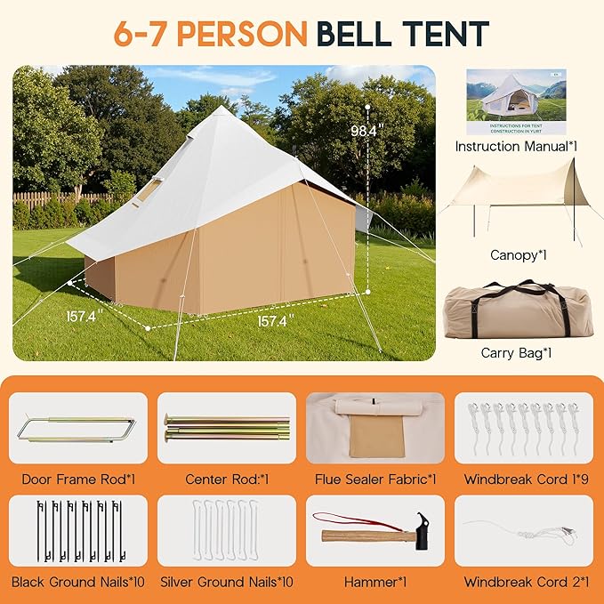 SPECRAFT Canvas Bell Yurt Tents &amp Inflatable Tent for Camping Waterproof Glamping Tent with Stove Jack Breathable Mesh Snowproofing Spacious 4-Season Family Shelter for Outdoor Camping Partie