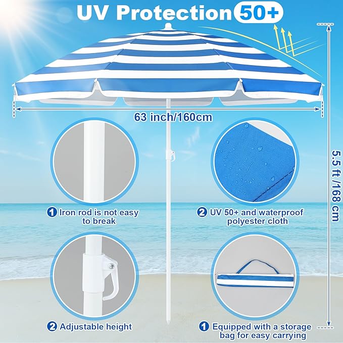 Sliner 20ft Beach Wind Screen with 5.5ft Beach Umbrella Set UV 50+ Wind Blocker Fence for Sand Outdoor Portable Windscreen Sunbathing Privacy Screen Includes Bag &amp Hammer(Blue and White)