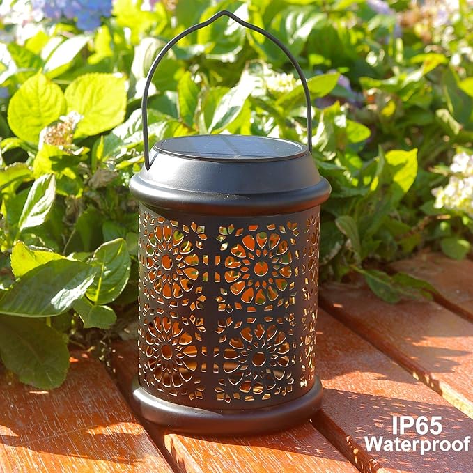 DenicMic Solar Lantern Outdoor Solar Lights Outdoor Hanging Lantern with Handle &amp Hook Waterproof 25 Lumen Warm White LED Metal Decorative for Garden Patio PorchYard Walkway1Pack (Black)