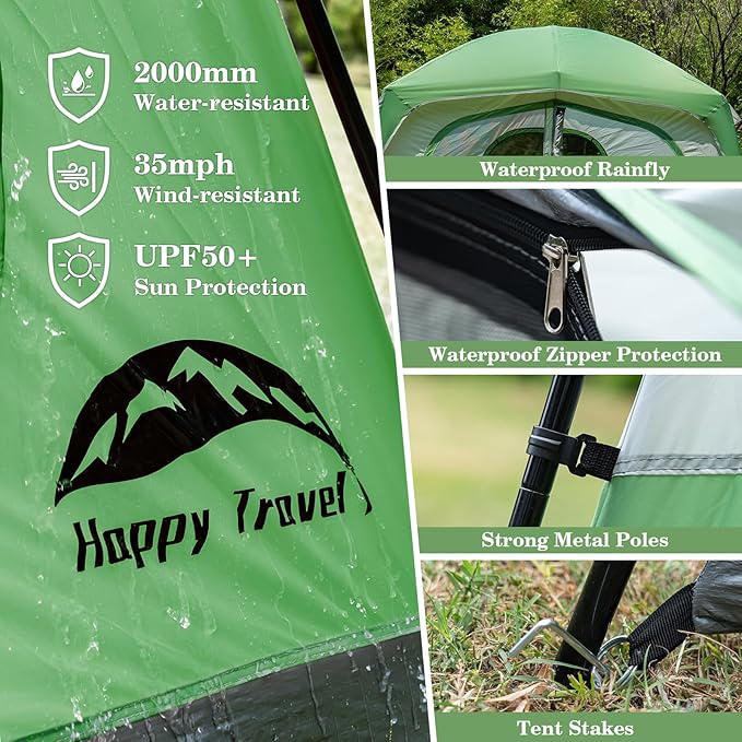 Happy Travel Tent 6 Person Tents for Camping Waterproof Easy Setup Camping Tent with Rainfly Portable Large Family Cabin Tent with 5 Large Mesh Windows and Carry Bag for Outdoor Camping &amp Hiking