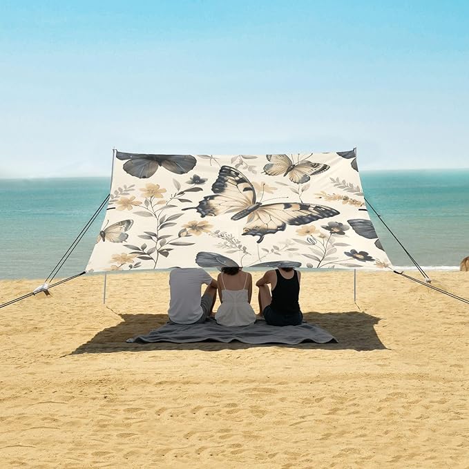 Butterflies Beige Pattern Beach Tent Sun Shelter 9.2' x 10.5' Beach Canopy with 4 Sandbags 4 Stability Poles Sand Shovels - Tent Canopy for Beach Camping Fishing Picnics