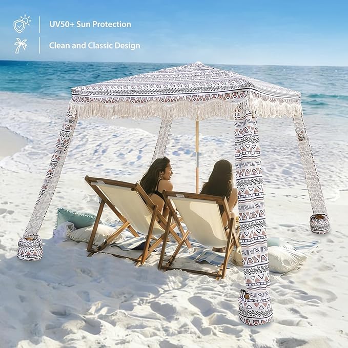 AMMSUN Beach Cabana with Fringe 6.5' x 6.5' Boho Beach Canopy with Tassels Easy Set up &amp Premium Wood Pole Cabana Tent with Sand Pockets Instant Sun Shade for Sand Garden Patio Tan