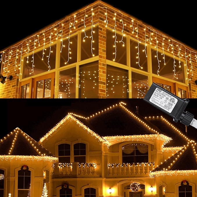 Toodour Christmas Icicle Lights Outdoor 612 LED 50ft 8 Modes Fairy Icicle String Light with 102 Drops Led Christmas Lights Twinkle for Holiday Party Wedding Eaves Xmas Decorations (Warm White)
