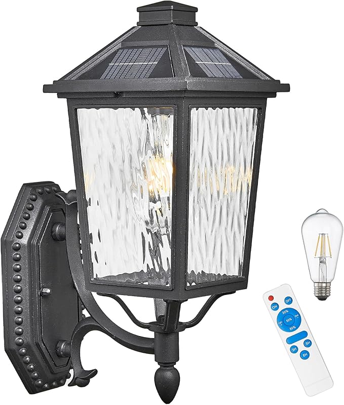 Solar Outdoor Wall Lights 15 Inch Height Dusk to Dawn Solar Sconce Lights Outdoor with Remote Control Black Exterior Porch Lights Wall Mount for House Porch Yard Hallway and Garage