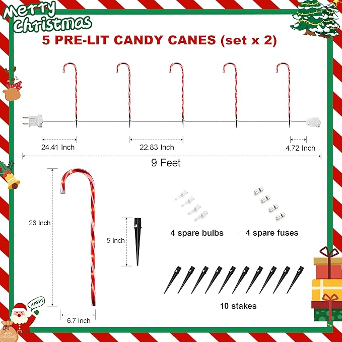 VCOKEN 30'' Christmas Candy Cane Pathway Markers Lights - Set of 10 Christmas Stakes Lights Outdoor Pathway Decorations Connectable &amp Light Up Xmas Holiday Party Yard Art Indoor Outdoor Ornament