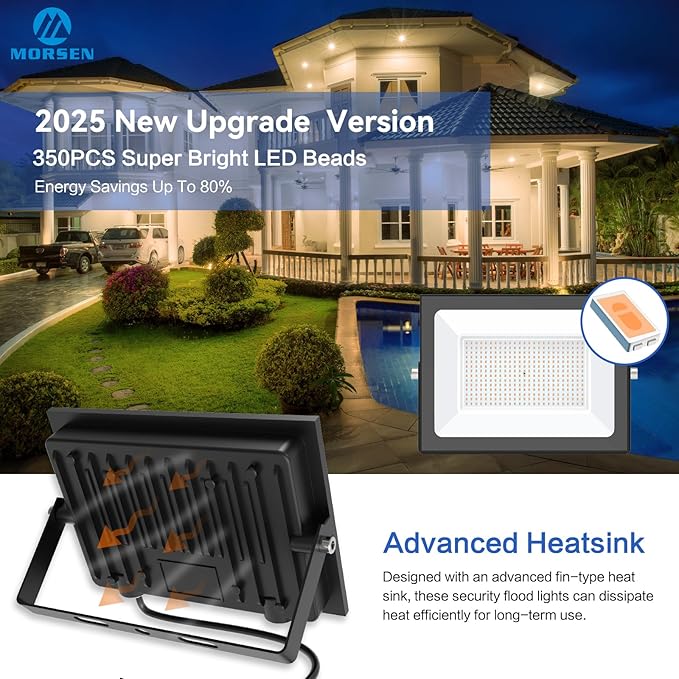MORSEN 300W Warm White Led Flood Lights Outdoor 3000K Super Bright 45000LM Security Lights with PlugExterior IP66 Waterproof FloodLight for Basketball Court Yard Garden Playground 2 Pack