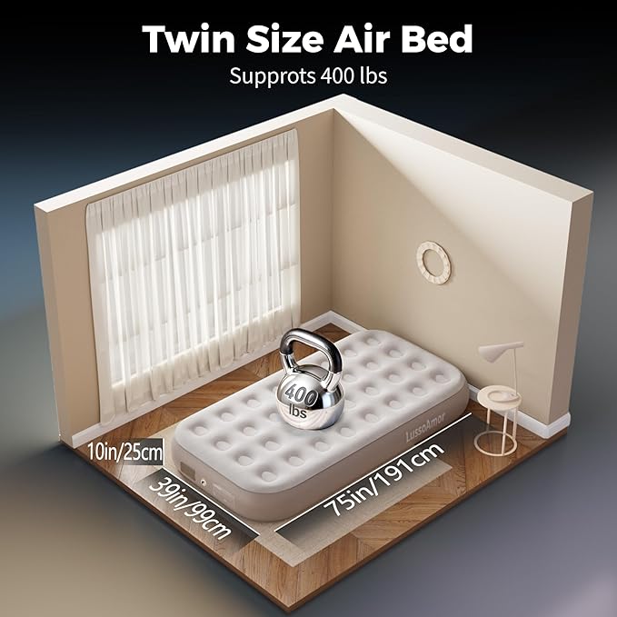 Twin Size Air Mattress - 4000mAh Built-in Rechargeable Pump 10 Inch Foldable Blow Up Air Bed for Camping Travel 3-Minute Quick Inflation/Deflation Colchon Inflable Mattress Khaki