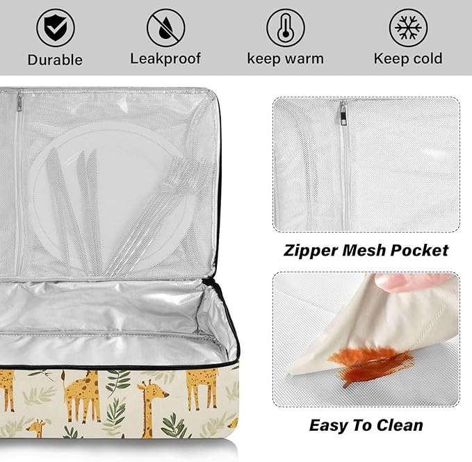 Casserole Carrier GiraffeInsulated Casserole Carrier for Hot or Cold Food Thermal Lunch Tote for Potluck Parties Picnic Beach Fits 9 x 13 Inches Baking Dish