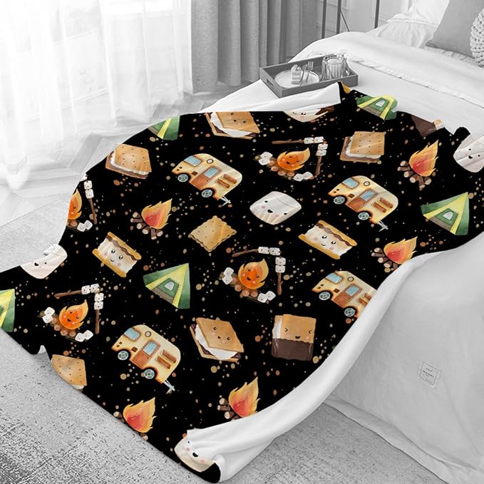 Cute S'Mores Flannel Blanket | Ultra Soft Roasted Marshalows Throw for Couch/Sofa/Travel/Camping | Camping Blanket Gifts for Camper Lover Decor - 40x50-Kids/Throw Size