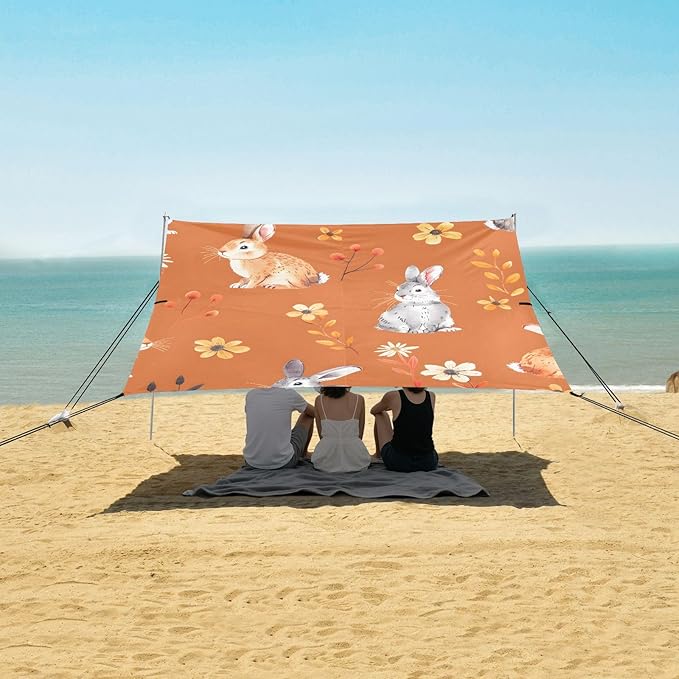 Bunny Rabbit Cartoons and Cute Flower on Orange Background Camping Sun Shelter Beach Tent Portable Beach Sun Shade Outdoor Canopy for Camping Trips Fishing Picnic
