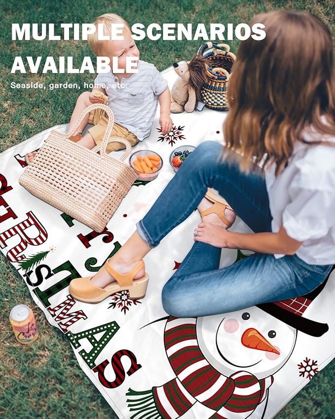 Beach Blanket Waterproof Sandproof OversizedMerry Christmas Snowman Cartoon Beach Mat with Corner Stakes Sand PocketsHolly Snowflake Gift Bell Outdoor Picnic Mat for Travel Camping Hiking 83x79In