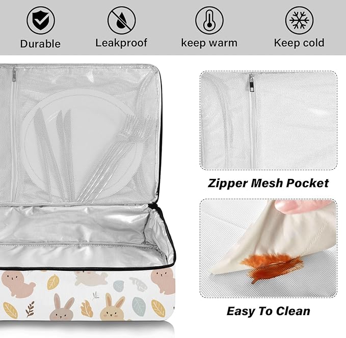 Casserole Carrier Rabbit PatternInsulated Casserole Carrier for Hot or Cold Food Thermal Lunch Tote for Potluck Parties Picnic Beach Fits 9 x 13 Inches Baking Dish