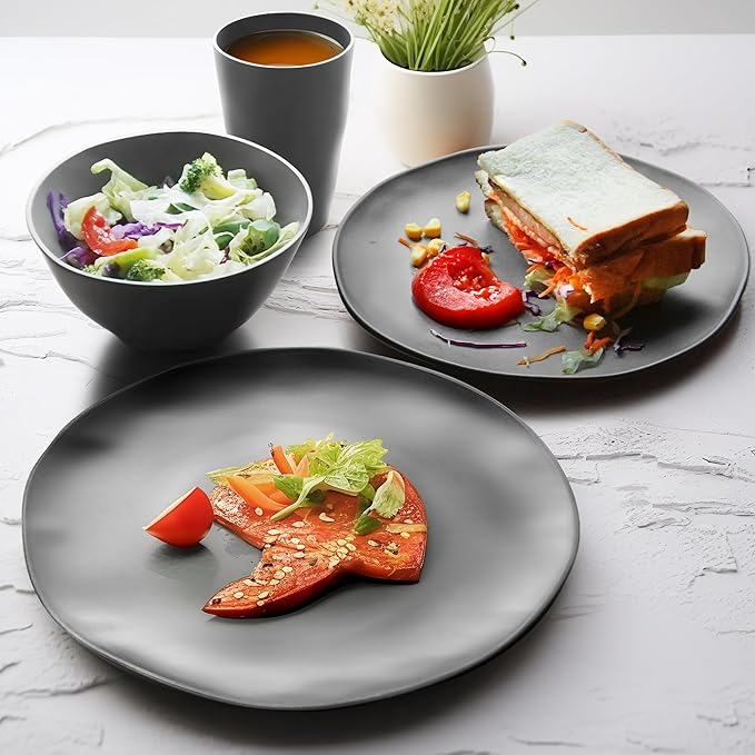 Teivio 32-Piece Kitchen Plastic Wheat Straw Dinnerware Set Service for 8 Dinner Plates Dessert PlateCereal BowlsCups Unbreakable Plastic Outdoor Camping DishesIrregular Deep Gray