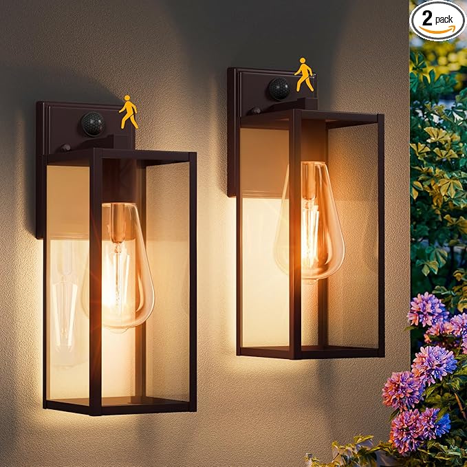 15'' Oil Rubbed Bronze Motion Sensor Outdoor Front Porch Light Fixtures Wall Mount 2 Pack Waterproof Exterior Wall Sconce Large Lantern LampOutside Coach Light for HouseGarageYard