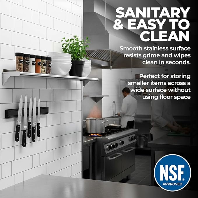NSF Certified 18 Gauge Heavy Duty Stainless Steel Wall Shelf with Brackets for Kitchens Utility Rooms Storage Offices &amp Home (24x6)