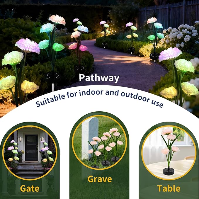 Solar Garden Lights Outdoor - Solar Flowers Lights Outdoor Decorative Waterproof 40 Hours Coloring Changing Carnation Yard Pathway Lawn Solar Powered Lamp Backyard Decor 4pcs