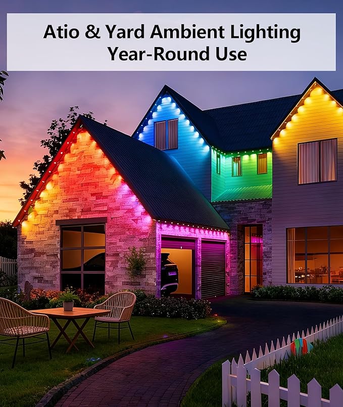 200FT RGB Permanent Outdoor Lights Smart APP &amp Remote Control IP67 Waterproof for Eaves Patio Yard Party Villa 16 Million Colors &amp Scene Modes