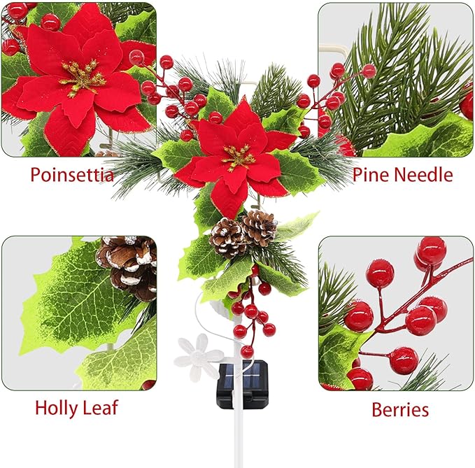 Solar Christmas Decorations Outdoor 32 Inch Solar Christmas Cross Stake Lights Waterproof Grave Decorations with Poinsettia Flower Pinecones Red Berries for Garden Yard Patio Lawn Cemetery