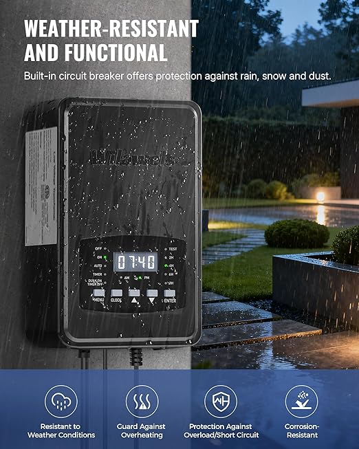 500W Low Voltage Landscape Transformer Weatherproof Outdoor Low Voltage Transformer 120V AC to 12/14V AC Landscape Lighting Transformer with Timer and Photocell Sensor ETL Listed D14LT06