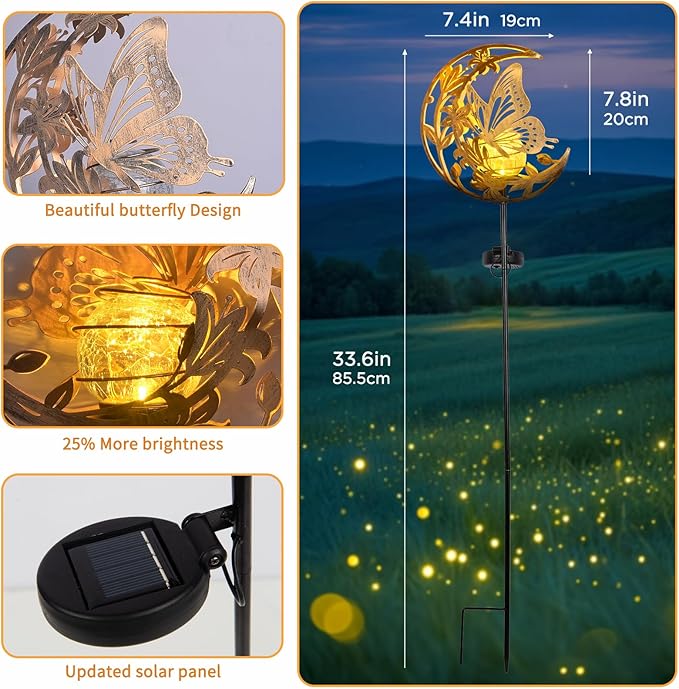 ShangTianFeng Butterfly Lights Outdoor Decor - Moon &amp Bird SolaGardenLights Waterproof Auto On/Off Pathway Lighting for Yard/Lawn/Patio Handcrafted Metal Solar-Stake-Lights for Outside Decoratio