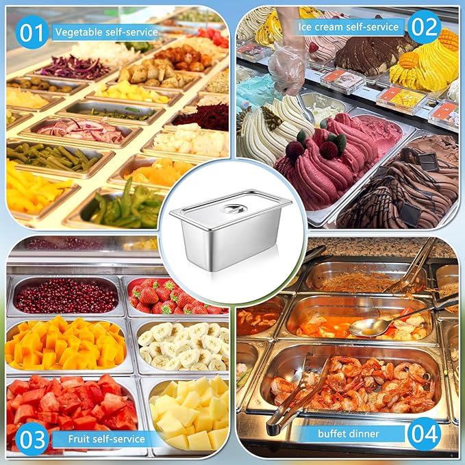 Mwellewm 4 Pack hotel pans with lids 1/3 Size x 6 Inch Deep stainless steel steam table pan Commercial Gauge restaurant supplies anti Rust metal food containers Catering storage for Party Buffet Home