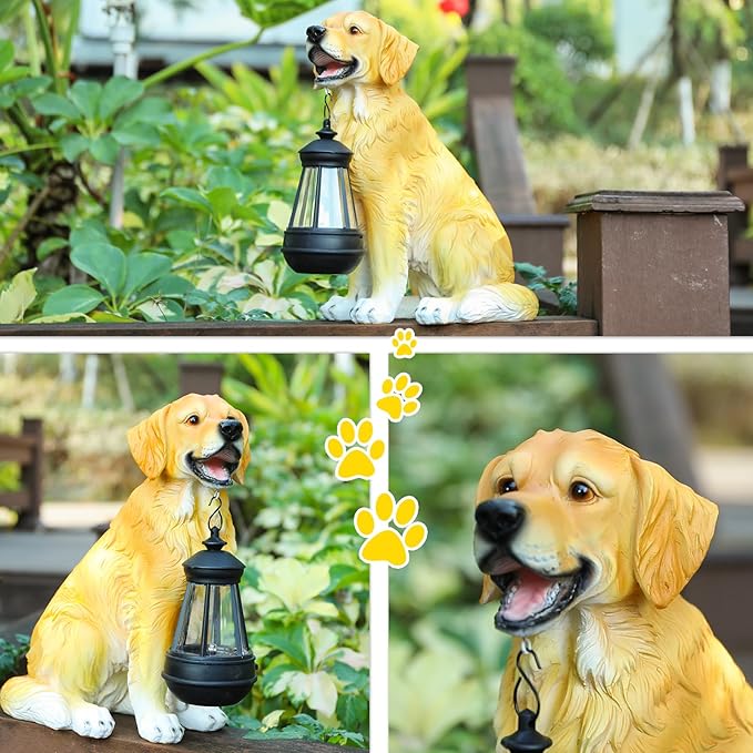 Afirst Solar Dog Statue Garden Decor Outdoor Statue Decor with Solar Lantern Valentine's Day Gift Lovely Golden Retriever Figurine Patio Lawn Yard Art Ornaments Housewarming Gift