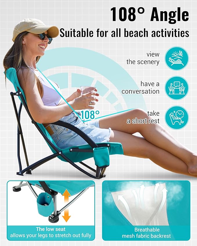 KingCamp Low Beach Chair High Back Folding Camping Chair for Adults Oversized Breathable Mesh Seat 300lbs Heavy Duty Portable Chair with Cup Holder &amp Storage Pockets for Beach Outdoor