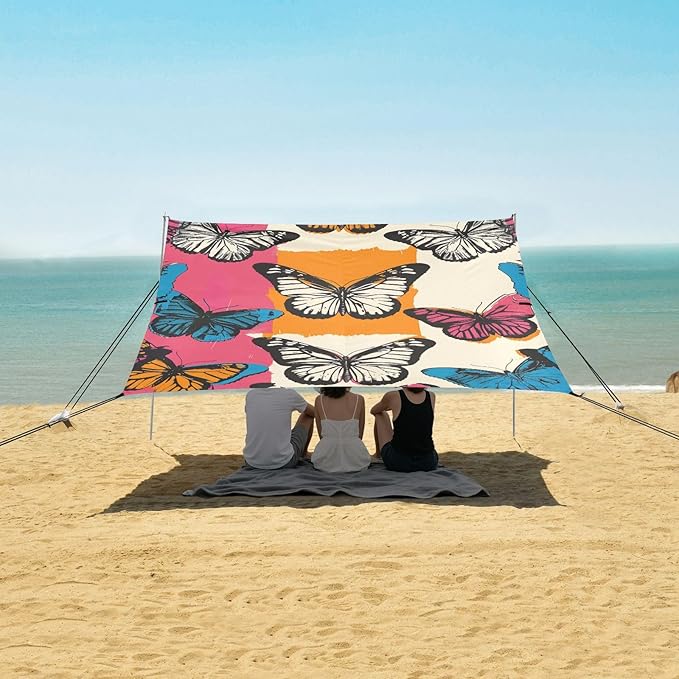 Beach Tent Sun Shelter Butterflies Colorful Squares Lightweight &amp Easy Setup Beach Shade Canopy for Camping Fishing