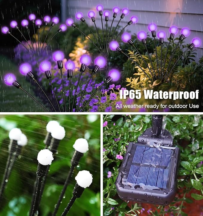 Solar Garden Lights 16 LEDs Purple 2 Pack 8 Heads Outdoor Waterproof Swaying Firefly Lights for Yard Patio Pathway Lawn Decorations