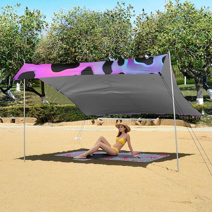 Beach Tent Sun Shelter Purple Laser Leopard Print Lightweight &amp Easy Setup Beach Shade Canopy for Camping Fishing