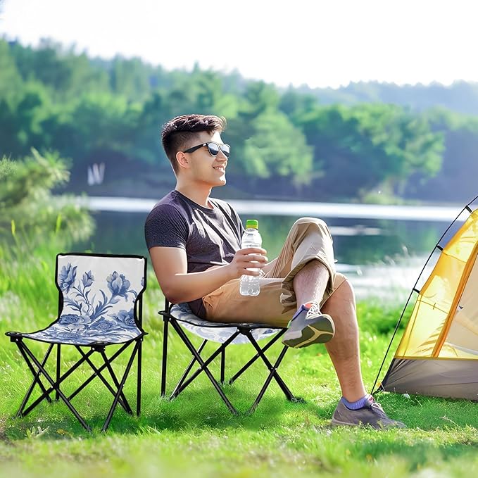 Flower Blue Portable Camping Chairs Folding Chair - Durable Oxford Fabric Lightweight Iron Frame Easy Fold Design - Ideal for Outdoor Activities Camping Fishing and Travel