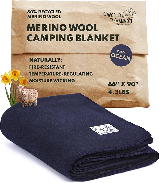 Woolly Mammoth Woolen Company Merino Wool Blanket - 80% Merino Wool - Camping Blankets for Cold Weather - Mositure-Wicking for Overlanding Hunting Emergency Kits Bushcraft (66 x 90 Lapsis)
