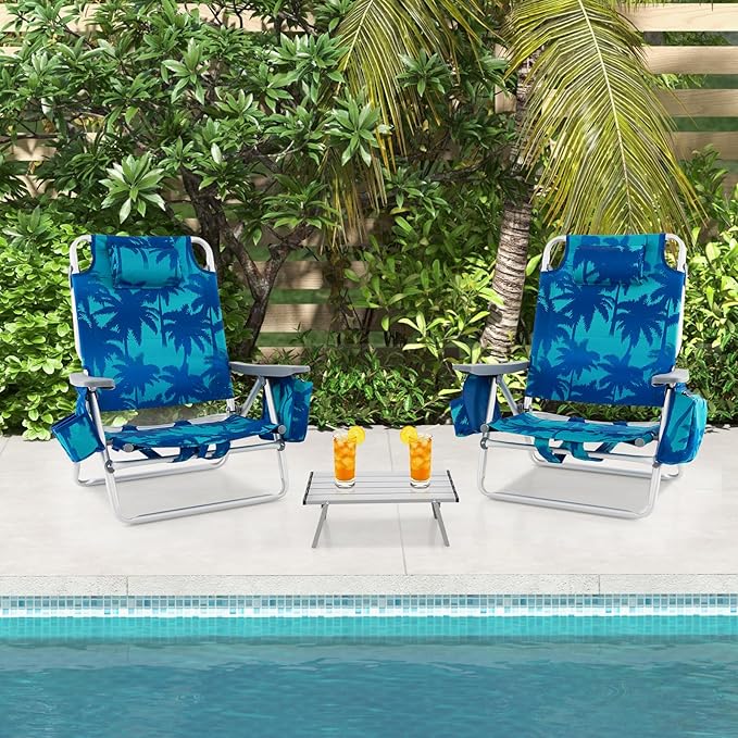 GYMAX Beach Chairs Backpack Camping Chair with Armrest Cooler Bag Cup Holder Towel Bar &amp Side Pockets Sunbath Sling Tanning Lounge Folding Layout Chair (with Table Coconut Tree)