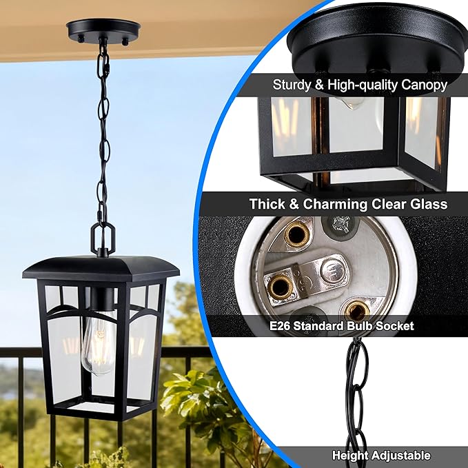 Outdoor Hanging Light Farmhouse Black Porch Pendant Lantern with Clear Glass E26 Base Modern Exterior Chandelier for Front Door Patio Entryway Gazebo Backyard