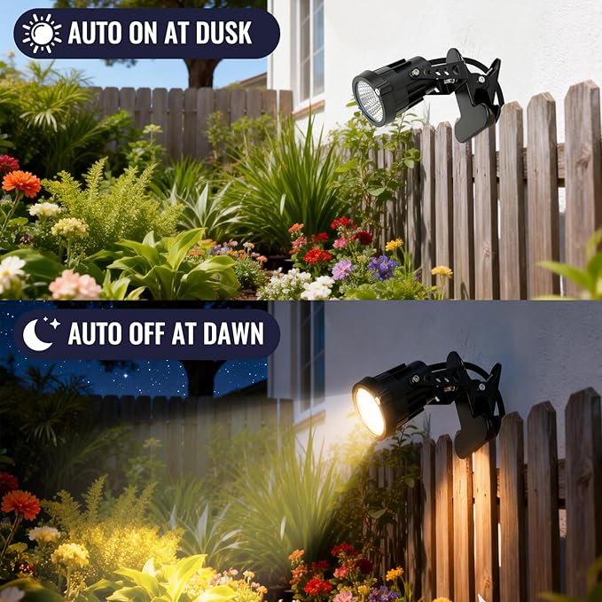 TAYSING Dusk to Dawn Outdoor Landscape Spot Lights with Clip 9W 800LM Plug in Spotlight 3000K Warm White IP66 Waterproof with 5FT Cord for Garden Tree Flag Pathway Patio 2 Pack