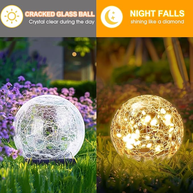 Solar Globes Outdoor Waterproof 4.88''Cracked Glass Solar Lights Outdoor Bright Up to 14HIP65 Waterproof Globe Light for WalkwayPatioLandscapePathGarden Warm White (4)