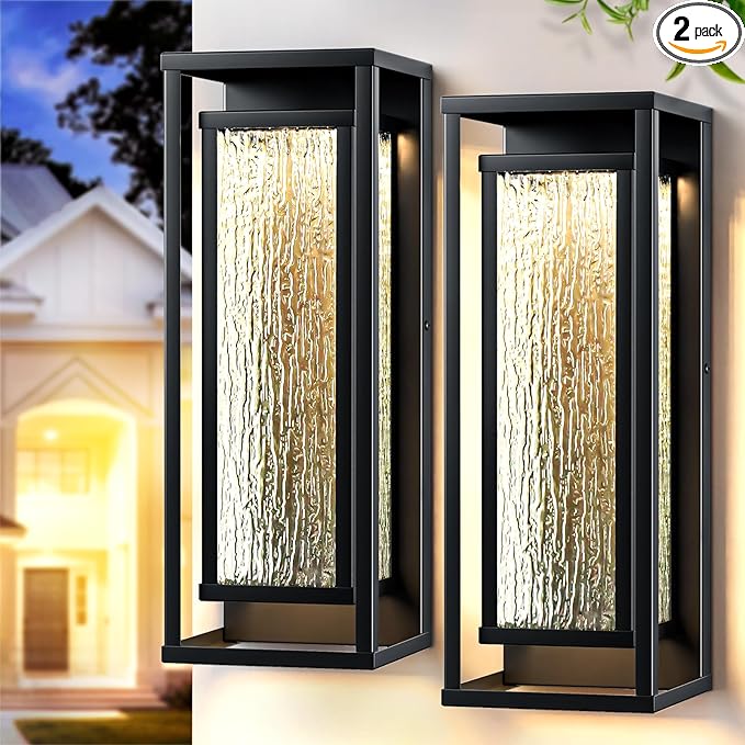 16'' LED Outdoor Wall Lights 2 Packs 3000K Porch Lights Outdoor Sconce Lights with Water Ripple Glass Modern Exterior Lighting Fixtures Outdoor Lantern Outside Lights for House Garage Patio Black