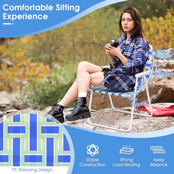 Giantex 4-Pack Beach Chairs for Adults Camping Chair with Steel Frame Lightweight Folding Directors Chairs for Outdoor Webbing Patio Fishing Yard Poolside Lawn Chairs Set of 4 (Blue)