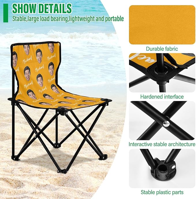 Sinestour Orange Custom Photo Folding Camping Chair for Teen Child Personalized Name 14.6×14.6in Portable Outdoor Chair with Carry Bag for Travel Picnic Barbeques