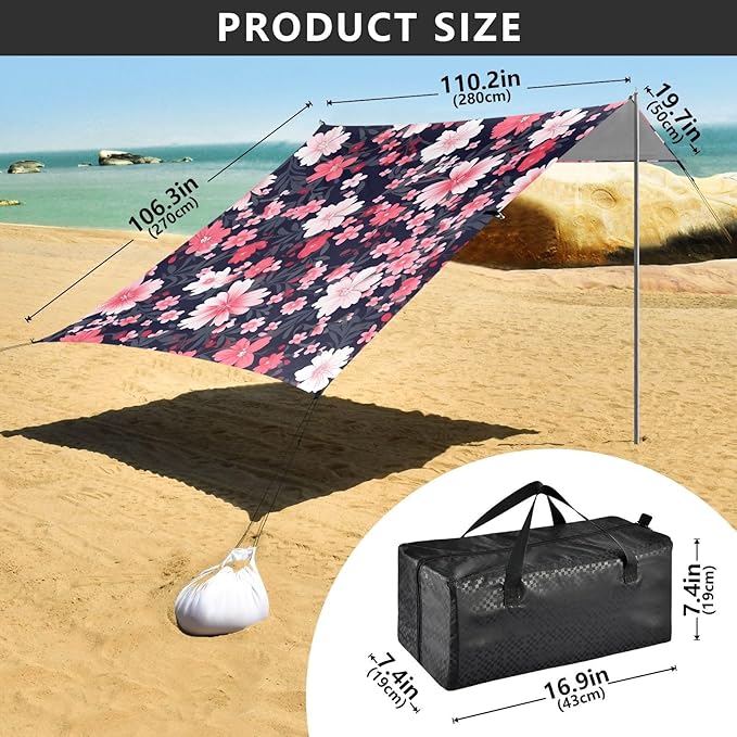 Flower FloralCamping Sun Shelters 9.2 x 10.5 FT Beach Canopy Tent Sun Shade with Carrying Bag for Camping Trips Fishing Backyard Fun or Picnics 21340116