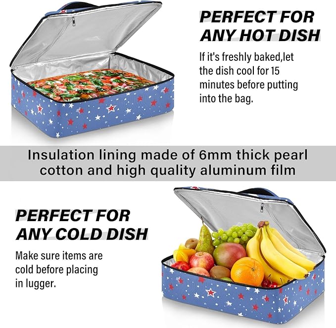 Casserole Carrier Red Blue Stars PrintInsulated Casserole Carrier for Hot or Cold Food Thermal Lunch Tote for Potluck Parties Picnic Beach Fits 9 x 13 Inches Baking Dish