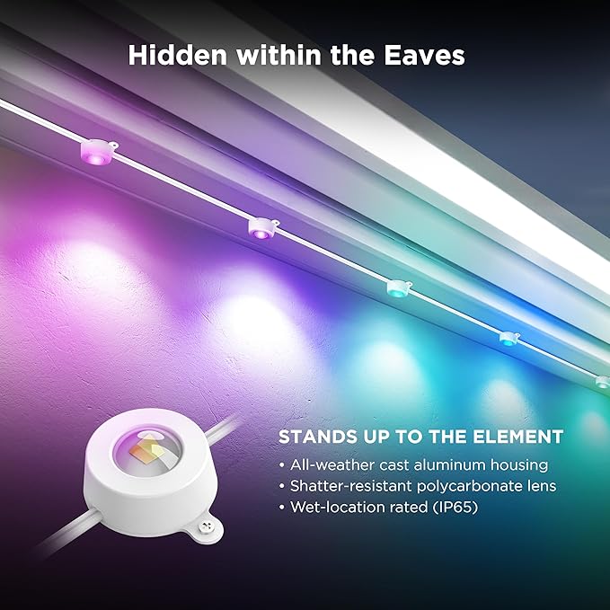 Feit Electric Permanent Outdoor Lights Smart String Lights 100FT LED Lights 2.4GHz WiFi-Enabled Under Eaves Light Works with Alexa and Google Asst App Control Weatherproof SL100-60/RGBTW/AG