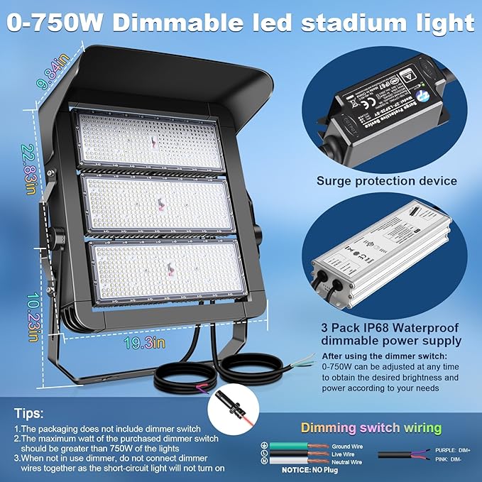 112500LM Led Stadium Light Dimmable 0-750w Super Bright Led Arena Flood Lights Outdoor 100-277v 5000k Yoke U Mount IP66 Waterproof Outside Wall Light Commercial for Square Golf Court Port