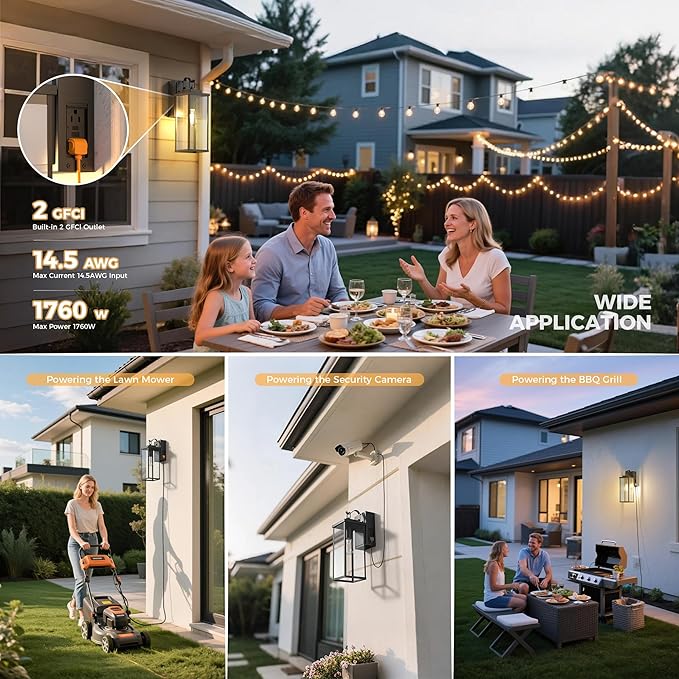 DORESshop Upgraded Dusk to Dawn Outdoor Wall Lights with GFCI Outlets 16 Inch Matte Black Waterproof Anti-Rust Outdoor Light Fixtures with Clear Glass Exterior Light Fixtures for Porch Garage ETL